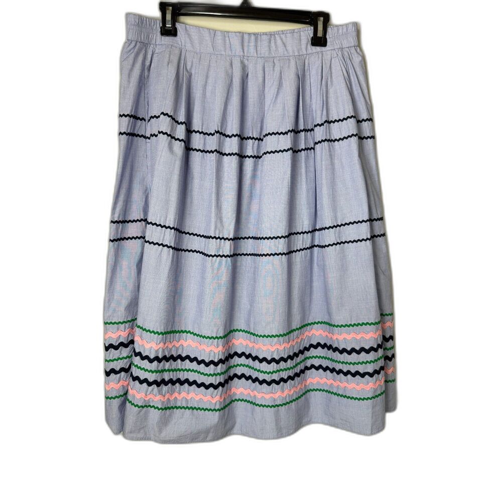 J. Crew Rickrack Trim Poplin Skirt Womens M Blue Chambray Cotton Midi A-Line